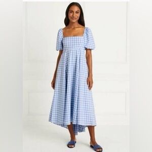 Blue Gingham Midi Dress with Square Neck